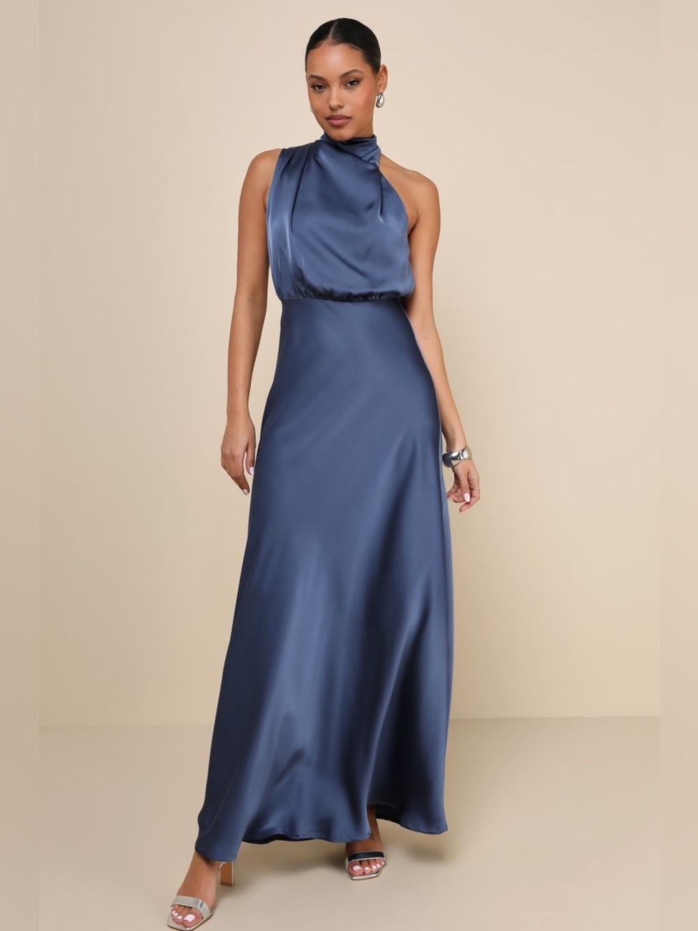 Lulu's Satin Halter Maxi Dress in Navy Blue